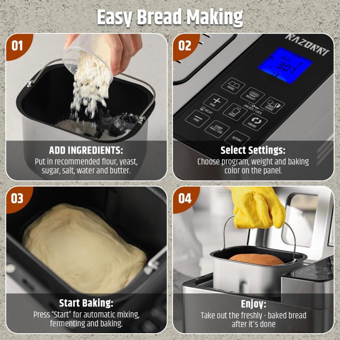 Razorri Bread Maker Machine, 2LB 18-in-1 Programmable Stainless Steel Homemade Bread Machine with Gluten-Free, Auto Nut Dispenser, 15H Delayed-start, 1H Keep Warm, 3 Crust Colors and 3 Loaf Sizes - Image 4
