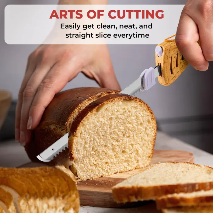 Prikoi Electric Knife - Carving Knife Set, Easy-Slice Serrated Edge Blades for Meat, Bread, Turkey, Ribs, Fillet, DIY, Ergonomic Handle + 2 Blades for Raw & Cooked Food New Upgrade(Faux Wood) - Image 7