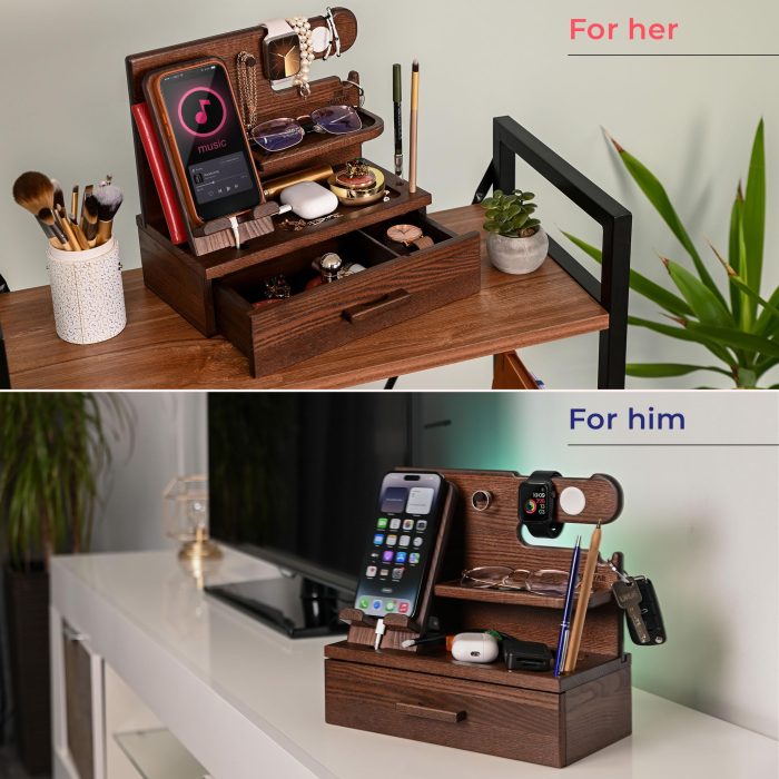 TESLYAR Wood Phone Docking Station with Drawer - Nightstand Organizer - Desk Organizer for Husband - Birthday Gifts for Men, Dad, Anniversary Idea, Key Holder Stand Watch & Accessories (Bourbon Brown) - Image 7