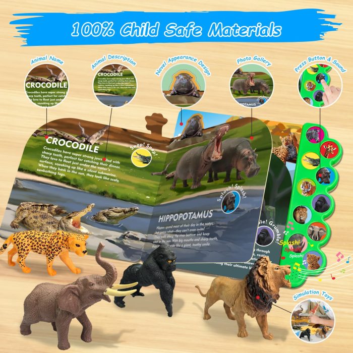 iGRATENS Safari Animals Figures Toys with Sound Books, 10PCS Realistic Jungle Animals Figures & Safari Animals Book with 10 Buttons, Zoo Animal Toys, Learning Toy for 3+ Year Old Boys, Girls, Kids - Image 4