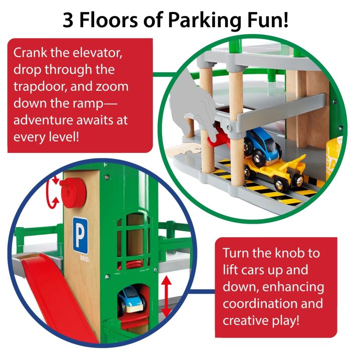 BRIO World Parking Garage - 7-Piece Wooden Toy Garage with 2 Cars, 1 Transporter Wagon, and Wooden Ramp Tracks - Works with All BRIO Train Sets - FSC-Certified - Sparks Creativity & Fun - Ages 3 & Up - Image 7
