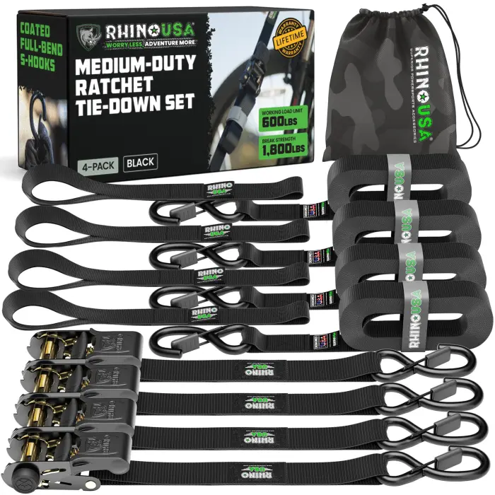 Rhino USA Ratchet Straps Tie Downs (4-Pack) - 1 Inch x 15 Feet (1,823lb Break Strength) - Ultimate Tie Down Straps with Safety S Hooks - for Trucks, Cargo, Moving, Appliances - Black - Image 1