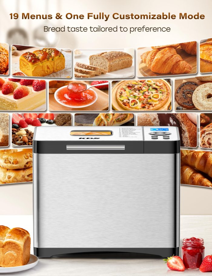 KBS 2LB 19-in-1 Programmable Bread Maker, Stainless Steel Bread Machine with Nonstick Ceramic Pan,650W Bread Maker Machine with 15H Timer&1H Keep Warm,Sourdough,Gluten Free,3 Colors,53 Recipes,Silver - Image 9
