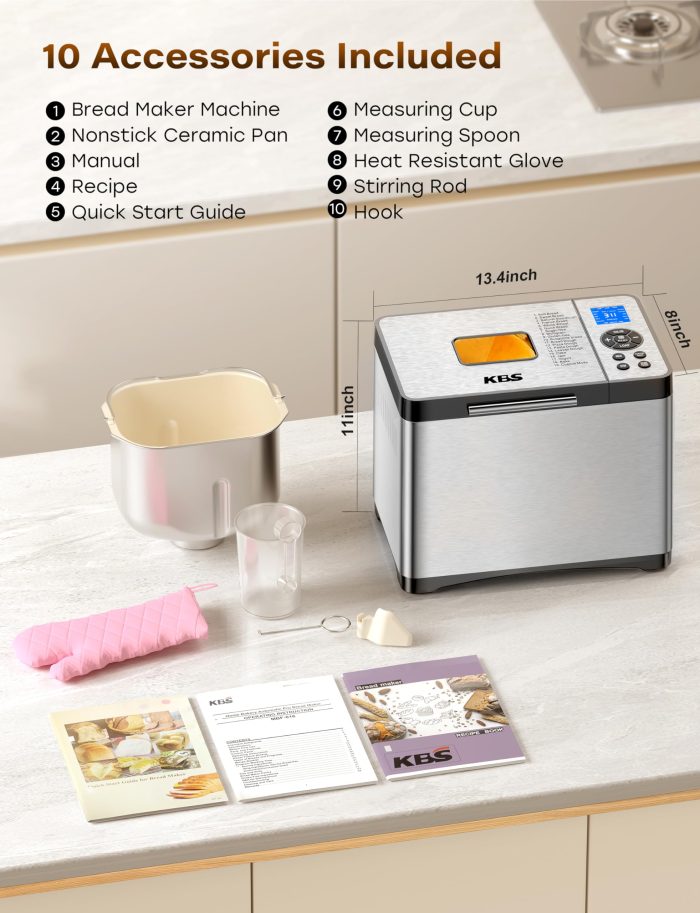KBS 2LB 19-in-1 Programmable Bread Maker, Stainless Steel Bread Machine with Nonstick Ceramic Pan,650W Bread Maker Machine with 15H Timer&1H Keep Warm,Sourdough,Gluten Free,3 Colors,53 Recipes,Silver - Image 2