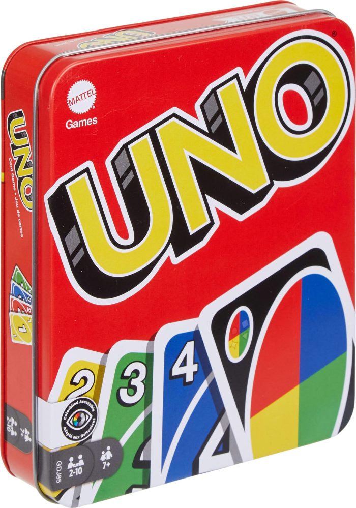 Mattel Games UNO Card Game in Travel & Storage Tin for Kid, Adult & Family Nights & Parties, Color Blind Accessible & Customizable Deck (Amazon Exclusive) - Image 1