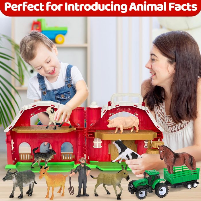 Farm Animals Toys for 1 2 3 4 5 Year Old Toddlers Girls Boys, Big Red Barn Farm Playset with Figures Animals and Tractor Toy for Kids 3-5, Educational Learning Toys, Christmas Birthday Easter Gifts - Image 4