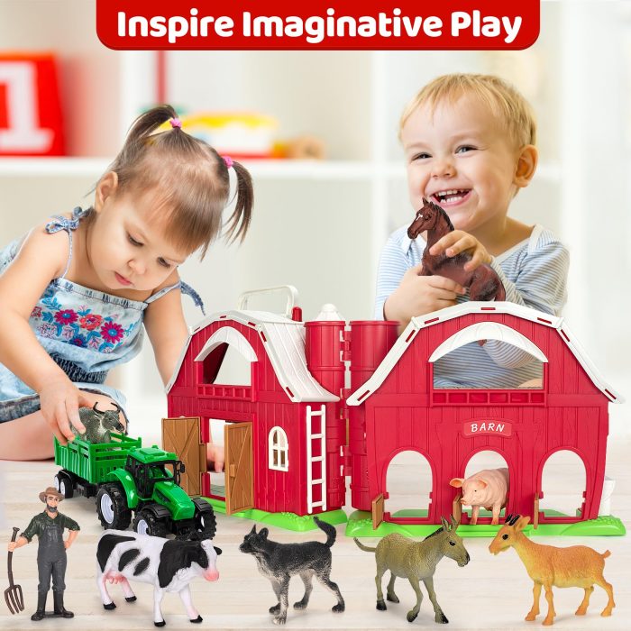 Farm Animals Toys for 1 2 3 4 5 Year Old Toddlers Girls Boys, Big Red Barn Farm Playset with Figures Animals and Tractor Toy for Kids 3-5, Educational Learning Toys, Christmas Birthday Easter Gifts - Image 2