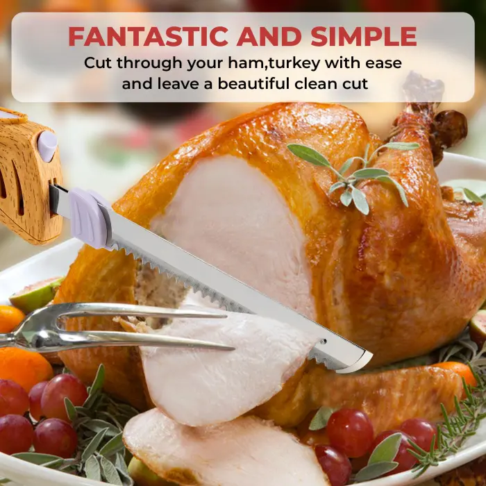 Prikoi Electric Knife - Carving Knife Set, Easy-Slice Serrated Edge Blades for Meat, Bread, Turkey, Ribs, Fillet, DIY, Ergonomic Handle + 2 Blades for Raw & Cooked Food New Upgrade(Faux Wood) - Image 9