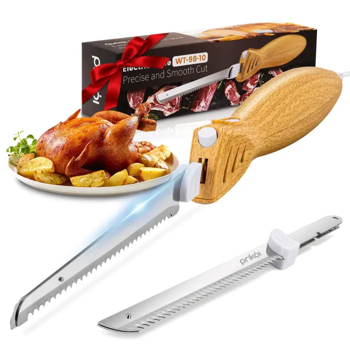 Prikoi Electric Knife - Carving Knife Set, Easy-Slice Serrated Edge Blades for Meat, Bread, Turkey, Ribs, Fillet, DIY, Ergonomic Handle + 2 Blades for Raw & Cooked Food New Upgrade(Faux Wood) - Image 1