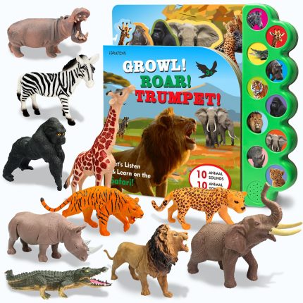 iGRATENS Safari Animals Figures Toys with Sound Books, 10PCS Realistic Jungle Animals Figures & Safari Animals Book with 10 Buttons, Zoo Animal Toys, Learning Toy for 3+ Year Old Boys, Girls, Kids