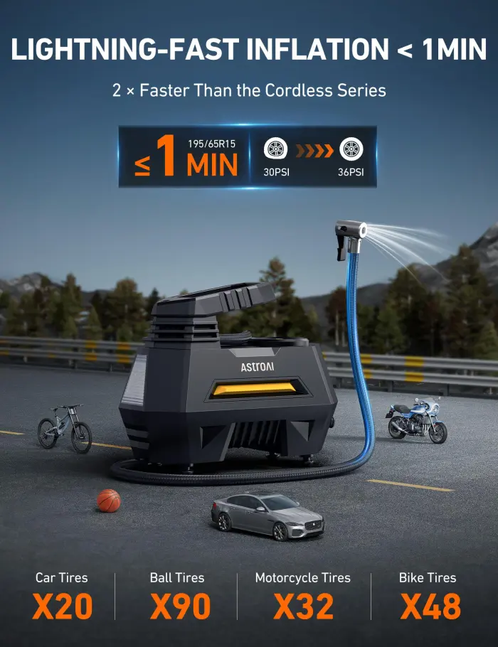 AstroAI Tire Inflator Portable Air Compressor Tire Air Pump for Car Tires - Car Accessories, 9.8Ft Cord 12V DC-Powered Auto Pump with Digital Pressure Gauge, LED Light for Bicycle, Balloons, Yellow - Image 9