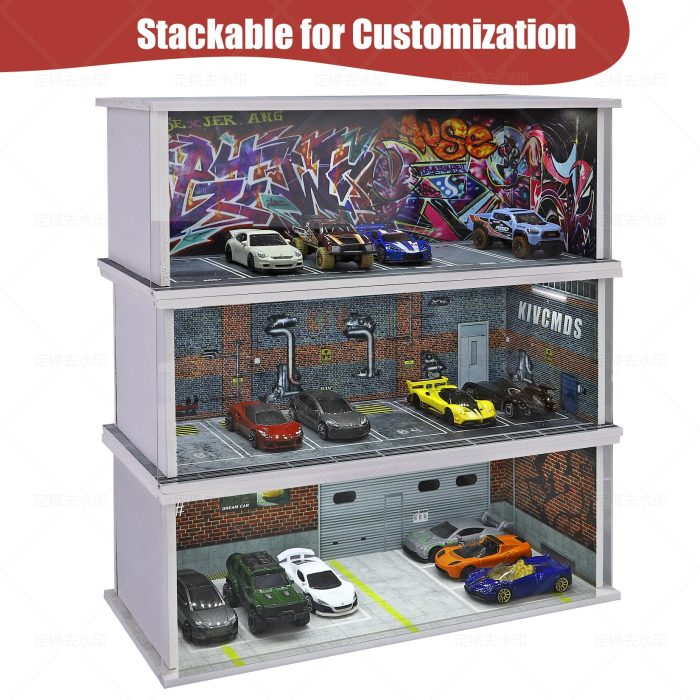Saichotoy Display Case for Hot Wheels: Stackable Parking Garage for 1/64 Scale Matchbox Toy Car, Foamboard Storage for Monster Trucks with LED Light and Acrylic Cover, Depot - Image 5