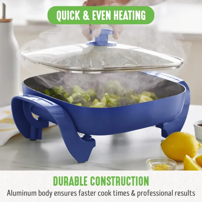 GreenLife 12" 5QT Square Electric Skillet, Glass Vented Lid, Ceramic PFAS-Free Nonstick Coated Interior, Adjustable Temperature Control, Cool Touch Handles, Quick Even Heating, Scratch Resistant, Blue - Image 5