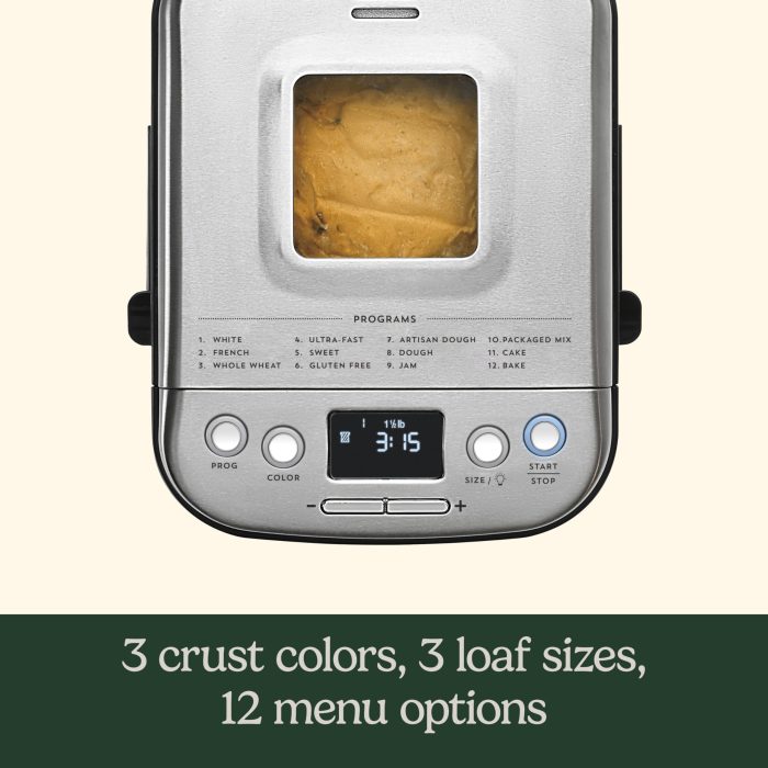 Cuisinart Bread Maker Machine, Stainless Steel Automatic Bread Machine with 12 Menu Options, 3 Loaf Sizes up to 2 Lb., 3 Crust Colors, Removable Nonstick Baking Pan & Kneading Paddle, CBK-110NAS - Image 6