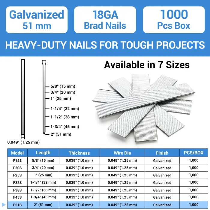 meite 18 Gauge Brad Nails, 2 Inch 18GA Brad Nails Galvanized Small Finishing Nail Gun Nails for Pneumatic, Electric Brad Nailer Gun (1,000 Counts) - Image 6