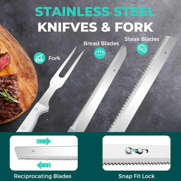 HAUSHOF Cordless Electric Knife Set for Meat Slicing, 8V Electric Carving Knife for Fish, Bread, Turkey, Rechargeable Meat Cutter with Reciprocating Stainless Steel Blades, Safety Lock & Storage Case - Image 4