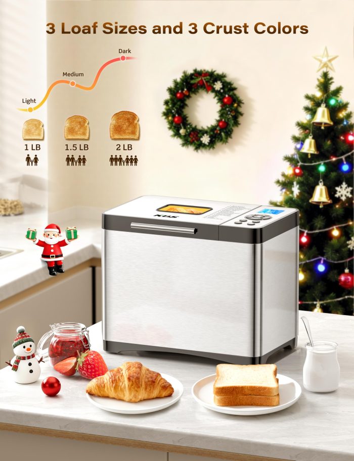 KBS 2LB 19-in-1 Programmable Bread Maker, Stainless Steel Bread Machine with Nonstick Ceramic Pan,650W Bread Maker Machine with 15H Timer&1H Keep Warm,Sourdough,Gluten Free,3 Colors,53 Recipes,Silver - Image 6