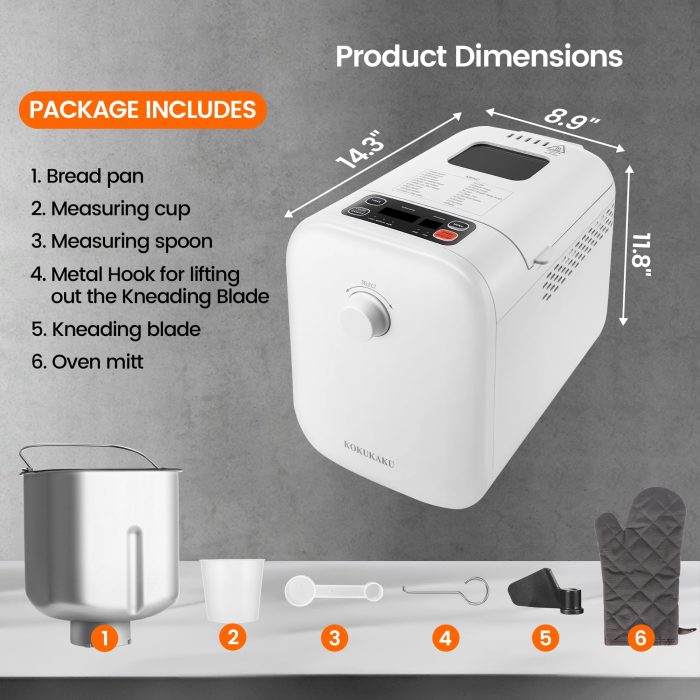 KOKUKAKU 22-In-1 Compact Automatic Bread Maker Machine, 1LB/1.5LB Programmable 2 Loaf Sizes, 3 Crust Colors, Small Digital Home Bakery with Dough, Cake, Jam, Yogurt, Non-stick Pan, White - Image 4