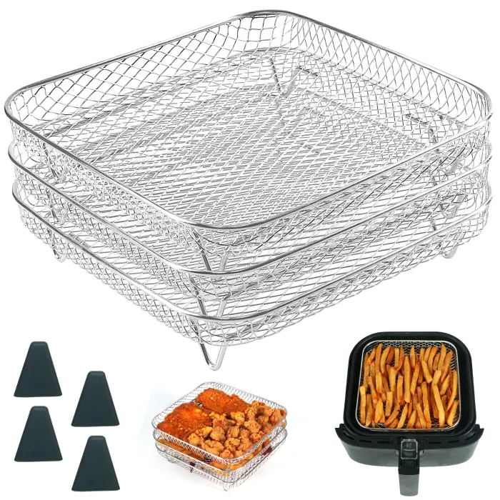 BYKITCHEN 8 inch Square Air Fryer Rack, 3pcs Stackable Stainless Steel Dehydrator Rack with Silicon Feet, Square Air Fryer Accessories for Cosori, Instant Vortex, Ninja Pro XL 6.5 QT AF181 & More - Image 1
