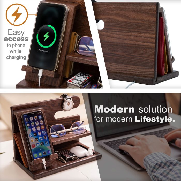 TESLYAR Wood Phone Docking Station for Men - Desktop or Nightstand Organizer - Birthday Gifts for Men, Dad - Anniversary Idea from Wife - Key Holder, Stand Wallet, Watch & Essentials (Bourbon Brown) - Image 7