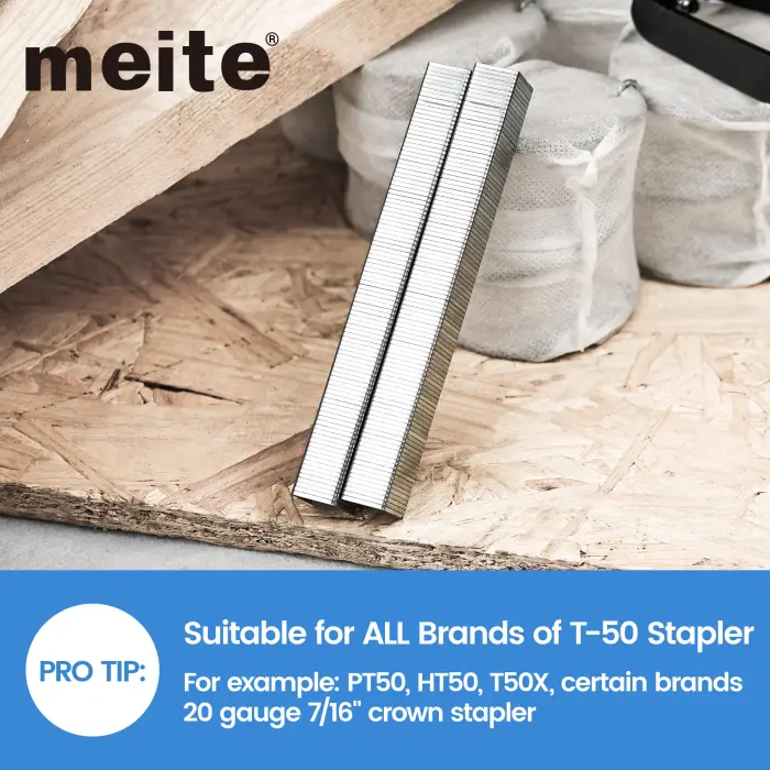 meite Staples for Staple Gun, 3/8 Inch Length Heavy Duty T-50 Staples, Galvanized, 20 Gauge 3/8" Crown, Compatible with T-50 Staple Gun, Ideal for Upholstery, Construction, Furniture (1,512 Counts) - Image 5