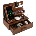 TESLYAR Wood Phone Docking Station with Drawer - Nightstand Organizer - Desk Organizer for Husband - Birthday Gifts for Men, Dad, Anniversary Idea, Key Holder Stand Watch & Accessories (Bourbon Brown)