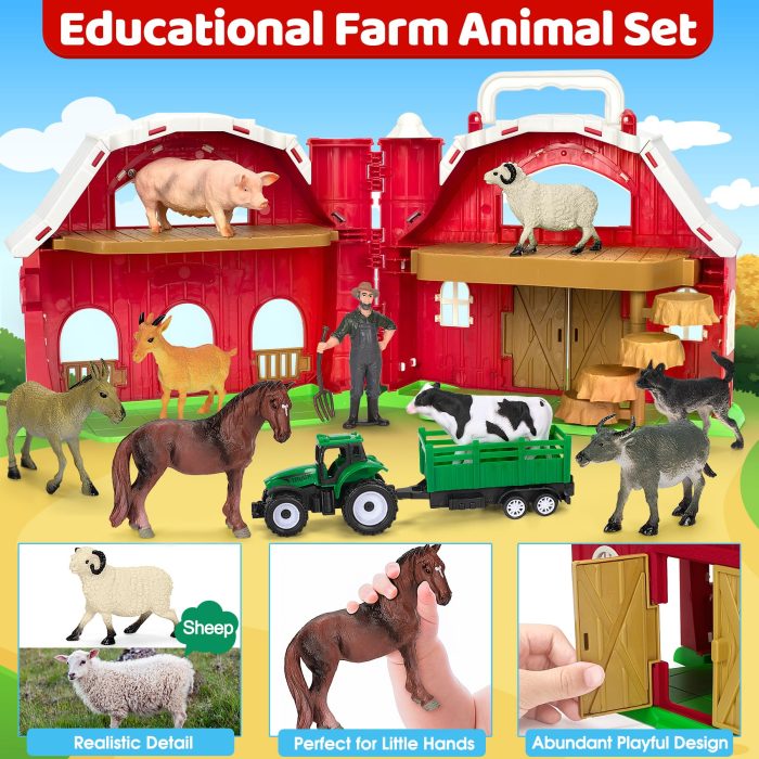 Farm Animals Toys for 1 2 3 4 5 Year Old Toddlers Girls Boys, Big Red Barn Farm Playset with Figures Animals and Tractor Toy for Kids 3-5, Educational Learning Toys, Christmas Birthday Easter Gifts - Image 6