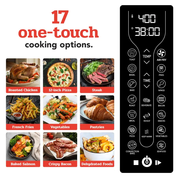 Gourmia Toaster Oven Air Fryer Combo 17 cooking presets 1700W french door digital air fryer oven 24L capacity accessories, convection rack, baking pan tray recipe book GTF7460,Large,Black - Image 7