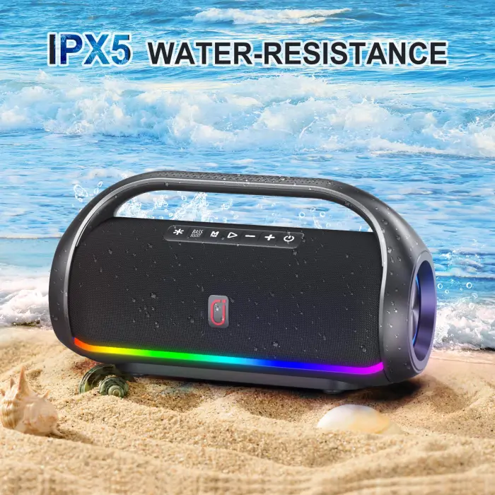 HWWR Bluetooth Speaker, IPX5 Waterproof Portable Bluetooth Speaker with Powerful Bass & LED Lights, BT5.3, Wireless Stereo Pairing for Home Party, Beach, Outdoor Camping, Support USB/TF Card/AUX/TWS - Image 4