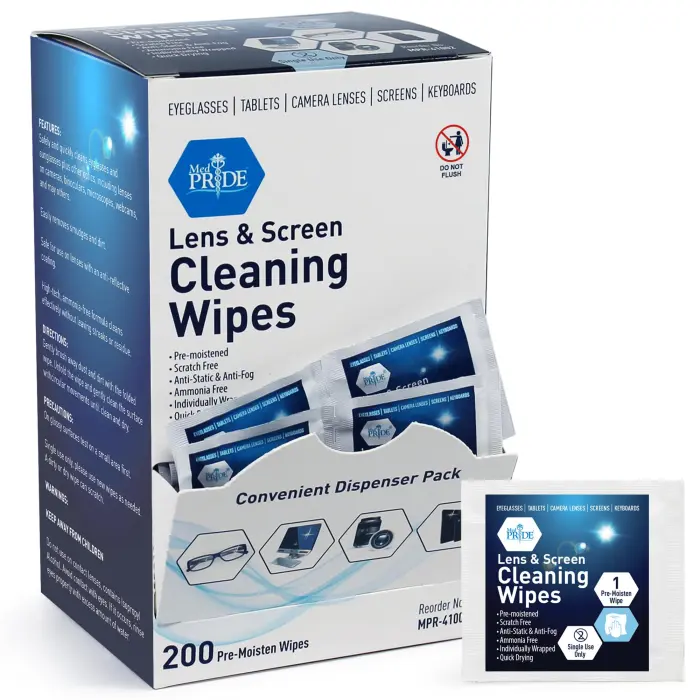 81it6T4ntHL MED PRIDE Anti-Fog Lens and Screen Cleaning Wipes for Eyeglasses, Touch Screens, Premoistened, Anti-Static, Quick-Dry (200 200 Count (Pack of 1)) - Image 1