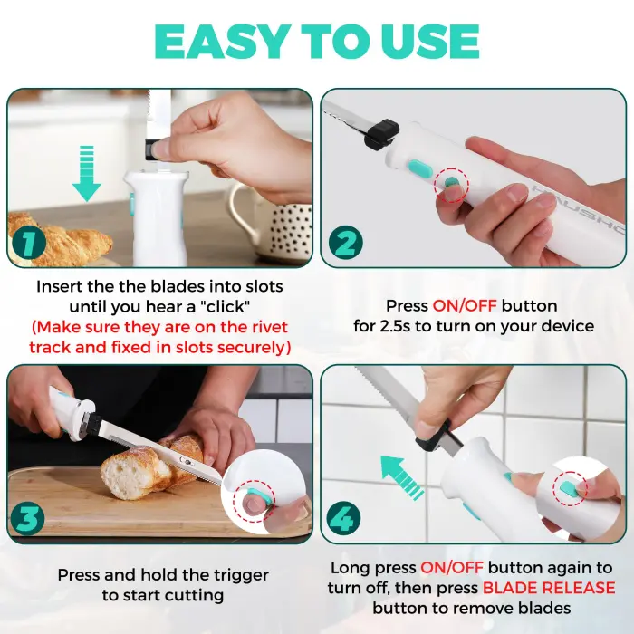 HAUSHOF Cordless Electric Knife Set for Meat Slicing, 8V Electric Carving Knife for Fish, Bread, Turkey, Rechargeable Meat Cutter with Reciprocating Stainless Steel Blades, Safety Lock & Storage Case - Image 5