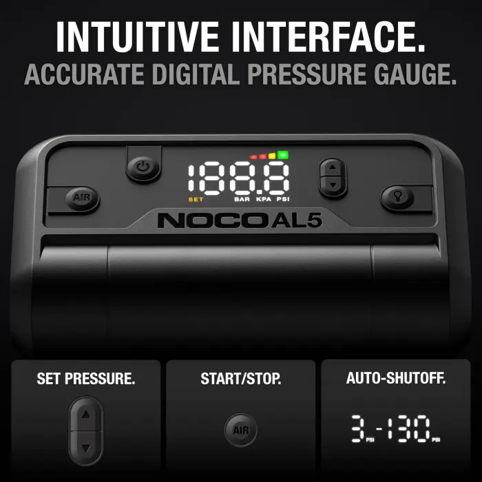 NOCO Air AL5: UltraFast 5A Cordless Tire Inflator – Portable Battery-Powered Air Compressor Pump – 17 SLPM Airflow Inflates 0–40 PSI in 7 Minutes – Digital Gauge + Auto-Shutoff - Image 4