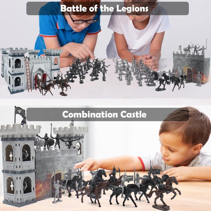 Plustopoy Medieval Castle Knight Toy Soldier Army Figurines, DIY Assembled Cavalry, Arrow Tower,8 Knights and 8 Horse, 36 Soldiers, Simulated Siege War of Attack Castle Toy for Boys - Image 3
