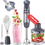Mueller Multistick 5-in-1 Immersion Blender Handheld,12 Speed Hand Mixer-Turbo Boost,Heaviest Duty Copper Motor,Titanium reinforced Blades Hand Blender,Milk Frother Wand,Whisk,Beaker,Chopper,Grey