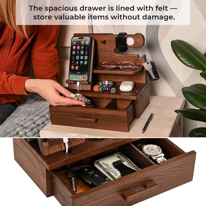 TESLYAR Wood Phone Docking Station with Drawer - Nightstand Organizer - Desk Organizer for Husband - Birthday Gifts for Men, Dad, Anniversary Idea, Key Holder Stand Watch & Accessories (Bourbon Brown) - Image 6