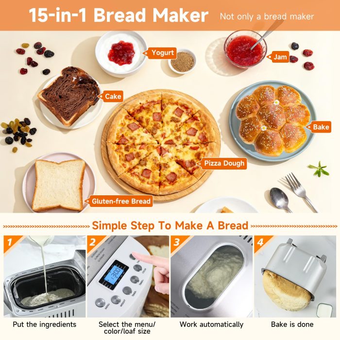 Davivy Bread Maker Machine 3LB with 2 Dough Kneading Paddles,15-in-1 Automatic Large Capacity Bread Machine Nonstick Bowl For Bread, Jam& Yogurt, 3 Loaf Sizes and 3 crust settings（silver，1.5kg） - Image 7