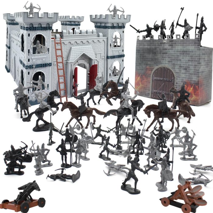 Plustopoy Medieval Castle Knight Toy Soldier Army Figurines, DIY Assembled Cavalry, Arrow Tower,8 Knights and 8 Horse, 36 Soldiers, Simulated Siege War of Attack Castle Toy for Boys - Image 1