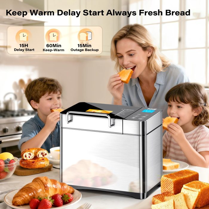 KBS Pro 710W Bread Maker, 2LB 17-in-1 Automatic Bread Machine with Healthy Ceramic Pan, Nut Dispenser, Tempered Glass Touch Panel, Stainless Steel Housing,3 Crust Colors, 15H Timer&Keep-Warm, Recipe - Image 6