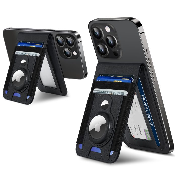 81sKM7odrgL For Magsafe Wallet Stand with Airtag Holder, Strongest Magnetic Wallet for iPhone 17/16/15/14/13/12 Series, ID Window, 4 Card Slots, 10 Cards Holder, Vegan Leather, RFID Blocking, Black - Image 1