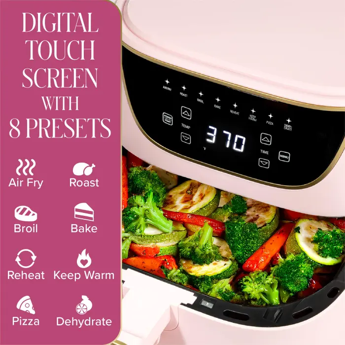 Paris Hilton Air Fryer, Large 6-Quart Capacity, Nonstick Made without PFAS, Touchscreen Display, 8-in-1 (Air Fry, Roast, Broil, Bake, Reheat, Keep Warm, Pizza, Dehydrate), Dishwasher Safe, Pink - Image 7