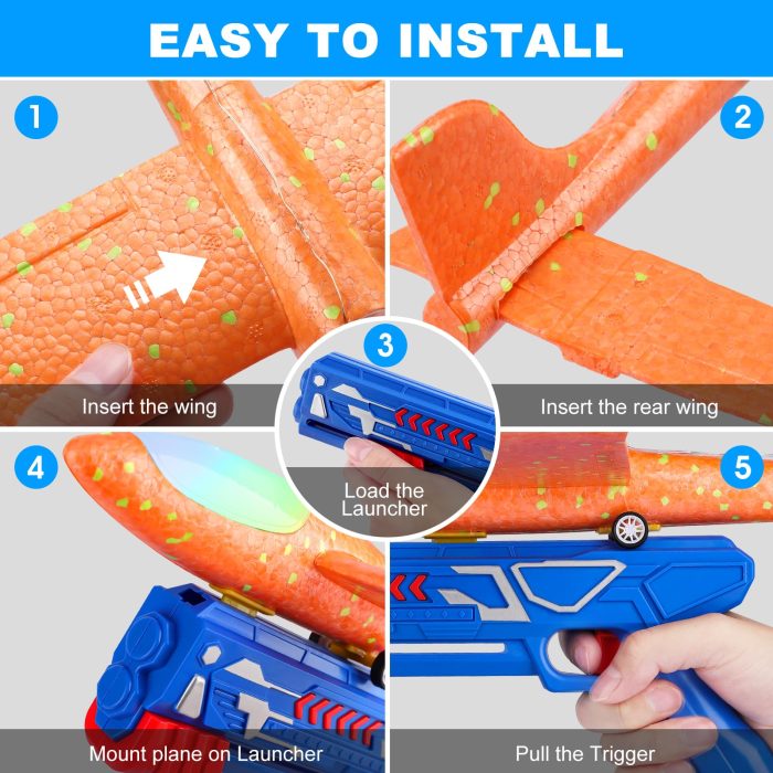 Fuwidvia 3 Pack Airplane Launcher Toys, 13.2'' LED Foam Glider Plane Toy for Boys, 2 Flight Modes Outdoor Flying Toys Birthday Gifts for Boys Girls 4 5 6 7 8 9 10 11 12 Year Old (Blue&Green&Orange) - Image 3