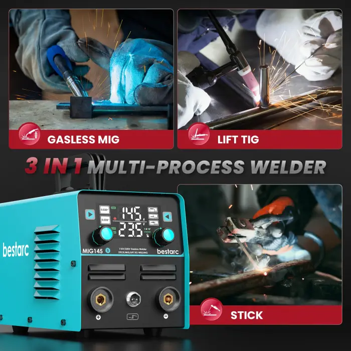 bestarc 145A MIG Welder, 110V/220V Gasless Flux Core MIG Welder/Lift TIG/Stick 3 in 1 Synergic MIG145 5GEN Welding Machine, Portable Flux Welder with Digital Screen Display - Image 8