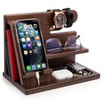 TESLYAR Wood Phone Docking Station for Men - Desktop or Nightstand Organizer - Birthday Gifts for Men, Dad - Anniversary Idea from Wife - Key Holder, Stand Wallet, Watch & Essentials (Bourbon Brown)