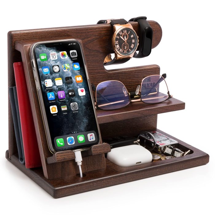 TESLYAR Wood Phone Docking Station for Men - Desktop or Nightstand Organizer - Birthday Gifts for Men, Dad - Anniversary Idea from Wife - Key Holder, Stand Wallet, Watch & Essentials (Bourbon Brown) - Image 1