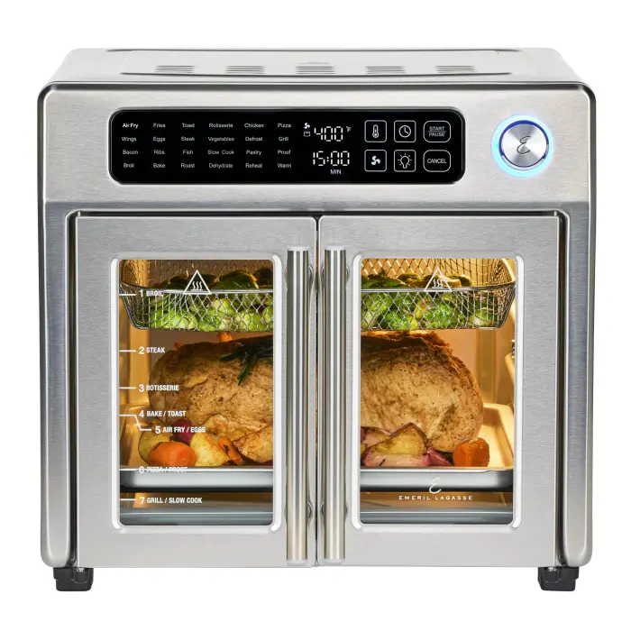 Emeril Lagasse Extra Large French Door Air Fryer Toaster Oven Combo, 24 Cooking Functions and Digital Controls, 7 Accessories Included, Stainless Steel Finish, 26QT Capacity - Image 1