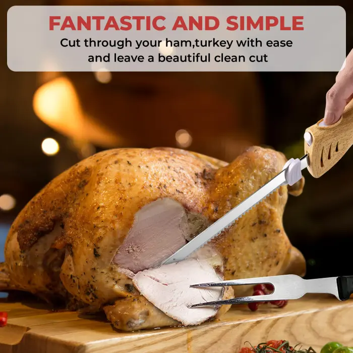 Prikoi Electric Knife - Carving Knife Set, Easy-Slice Serrated Edge Blades for Meat, Bread, Turkey, Ribs, Fillet, DIY, Ergonomic Handle + 2 Blades for Raw & Cooked Food New Upgrade(Faux Wood) - Image 2