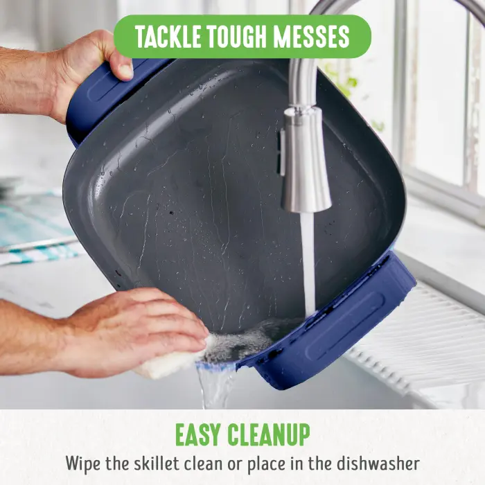 GreenLife 12" 5QT Square Electric Skillet, Glass Vented Lid, Ceramic PFAS-Free Nonstick Coated Interior, Adjustable Temperature Control, Cool Touch Handles, Quick Even Heating, Scratch Resistant, Blue - Image 4