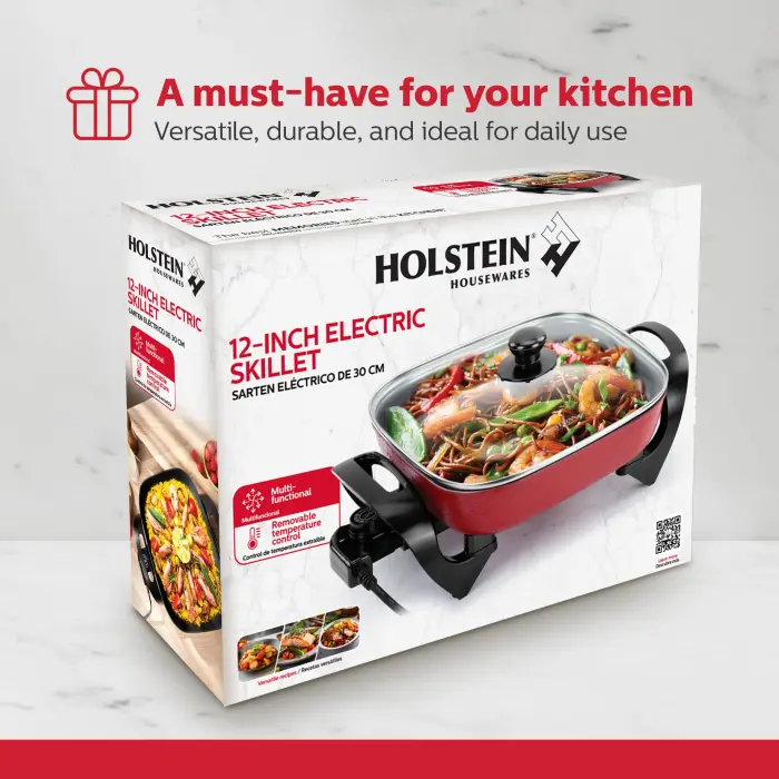 Holstein Housewares 12-Inch Electric Skillet - 1400W Electric Pan with Adjustable Temperature Control, PFOA-Free Non-Stick Coating, Cool-Touch Handles, Multi-Function Cooker, Red - Image 2