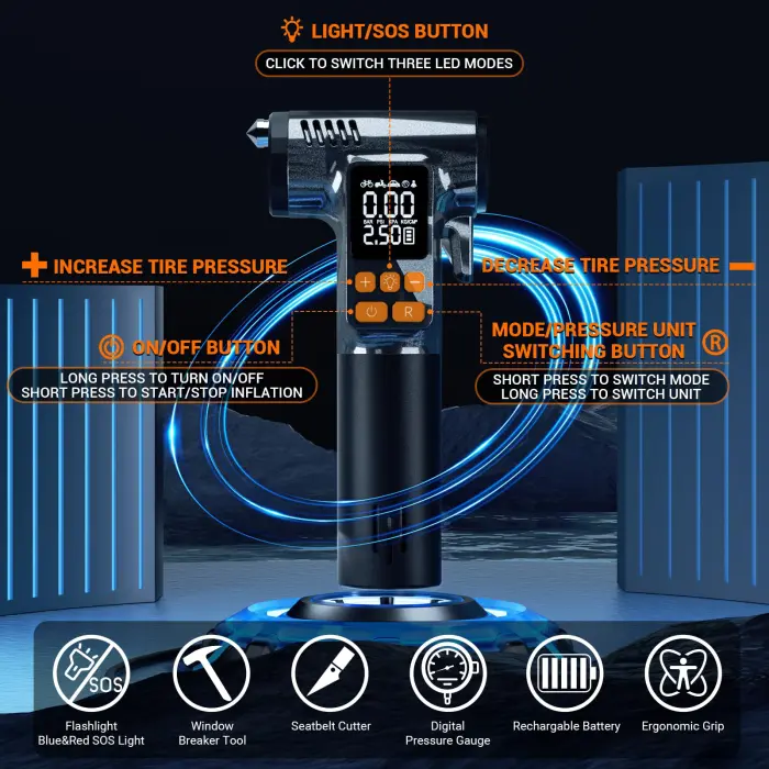 Gardon Tire Inflator Portable Air Compressor - 8 in 1 Air Pump, Window Breaker, Seatbelt Cutter, Ball Pump, Bike Pump, Digital Tire Pressure Gauge, SOS, Flashlight, Tech Gadgets Car Accessories - Image 6