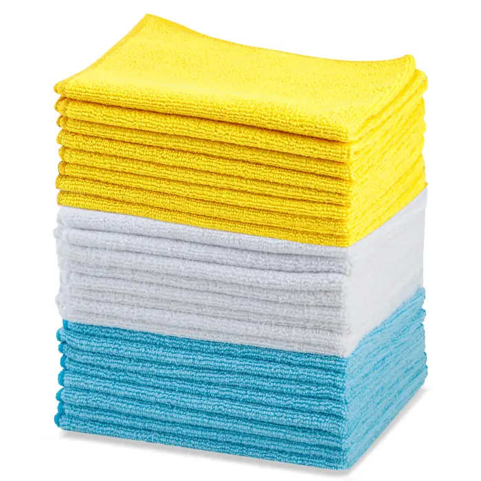 Amazon Basics Microfiber Cleaning Cloths, Ultra Absorbent, Lint Free, Streak Free, Non-Abrasive, Reusable and Washable, 16" x 12", Blue/White/Yellow, Pack of 24 - Image 1